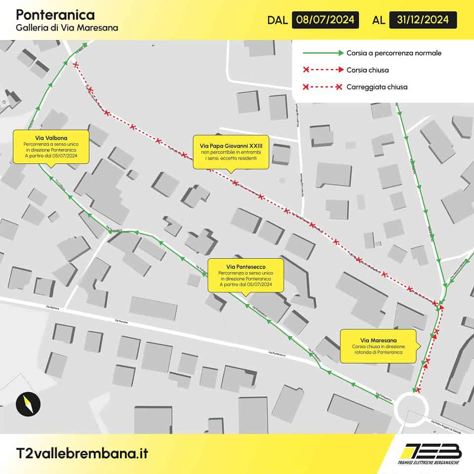 Mappa viabilita Ponteranica chiusura via Papa Giovanni XXIII dall8 luglio 2024 - La Voce delle Valli
