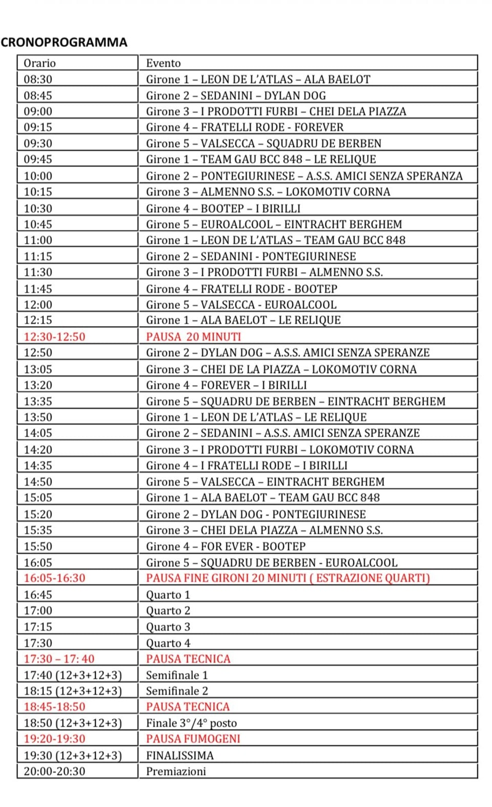 calendario torneo gau - La Voce delle Valli